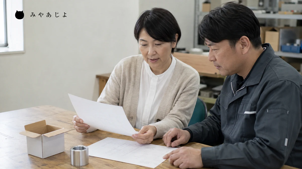 架空の加工会社の担当者が海外問い合わせページの原稿と部品見本を照合する編集イメージ