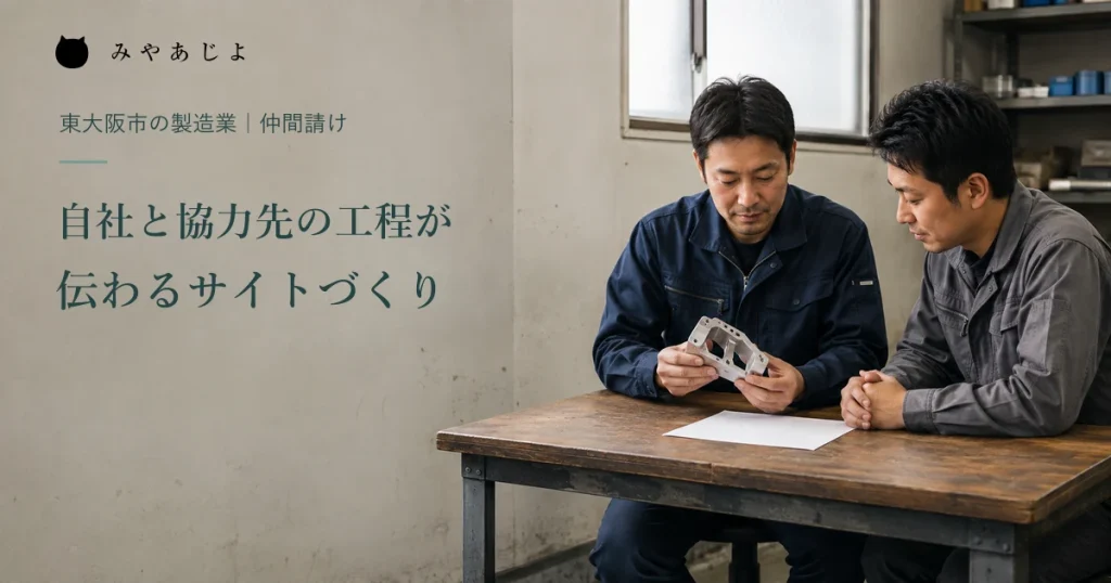 製造業担当者が加工部品を見ながら協力先との工程を相談する編集イメージ