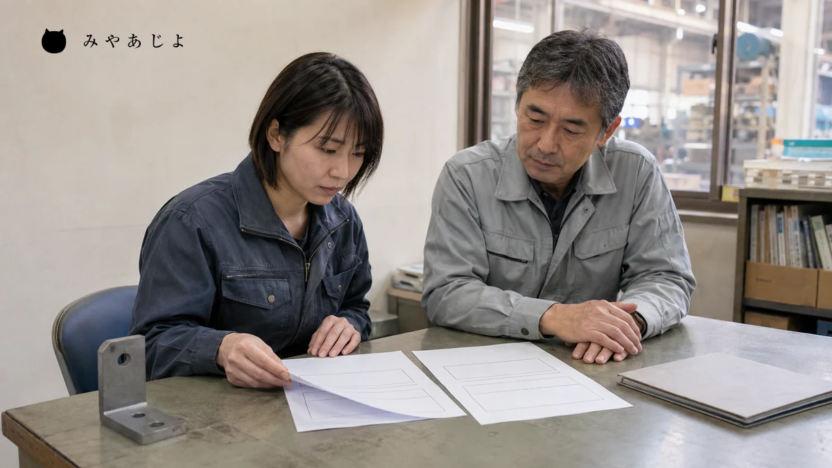架空の製造業担当者二人が工程を記した二枚の確認用紙と部品を机上で見比べる編集イメージ