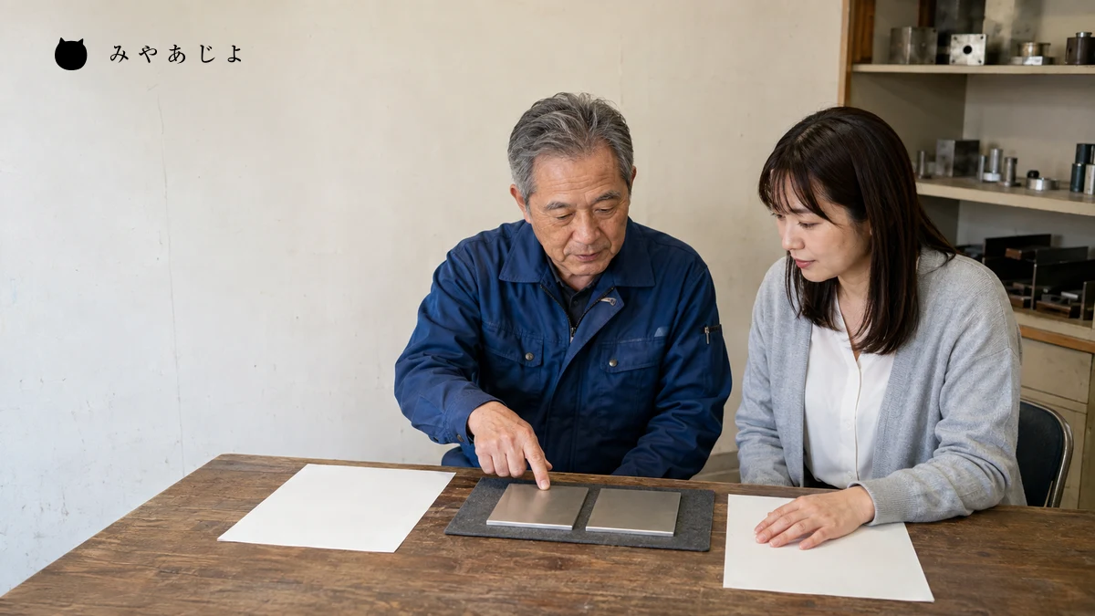 架空の熟練担当者と記録担当者が金属見本と編集した資料を見ながら説明内容を確認する場面