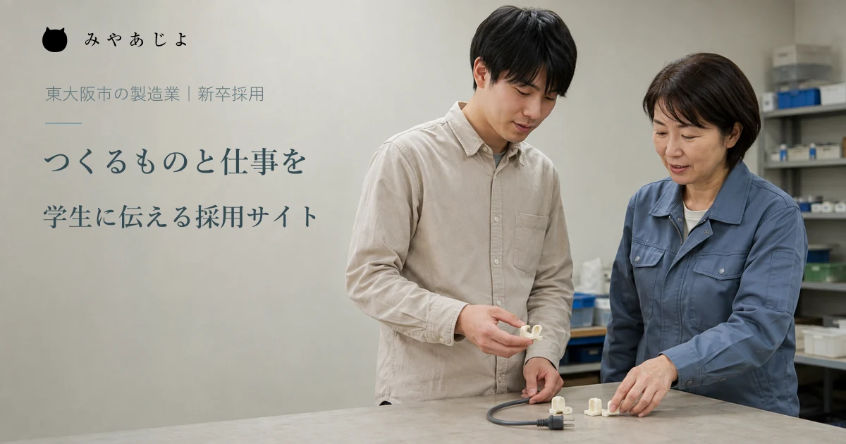架空の担当者が成人の学生に樹脂部品の見本を使って仕事を説明する編集イメージ