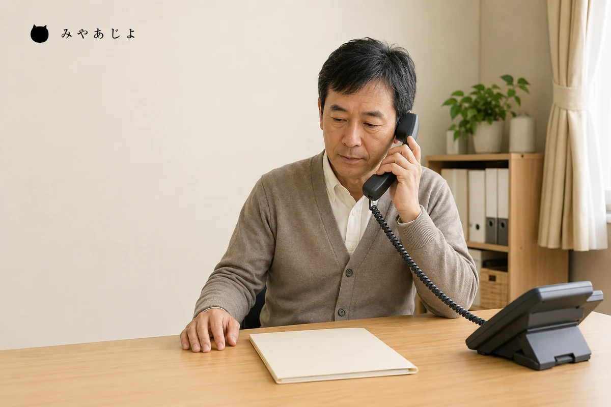 架空の法人事務室で担当者が施設からの確認を受ける場面を表した編集イメージ