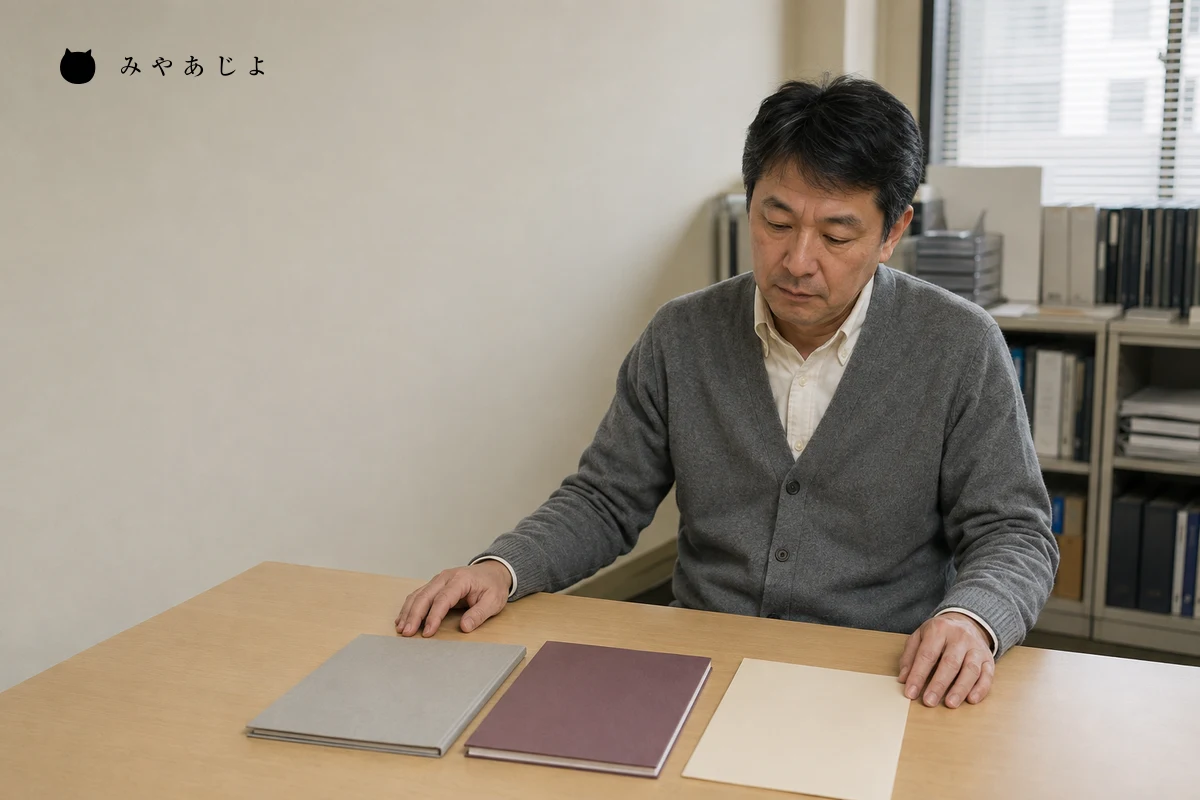 架空の卸売会社で担当者が現行カタログと旧資料を分けて確認する編集イメージ