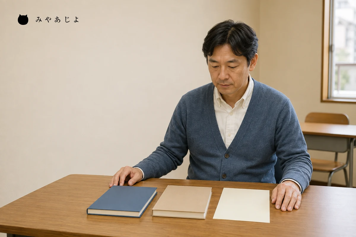 架空の語学教室で担当者が二冊の無地教材と授業案内を確認する編集イメージ