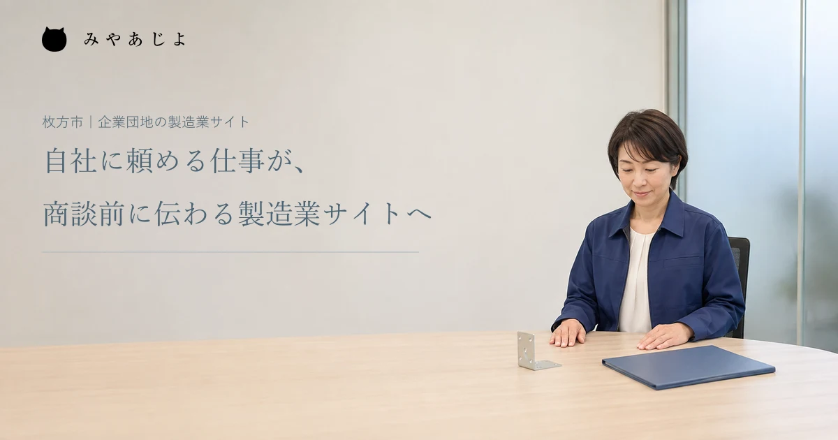 自社に頼める仕事が、商談前に伝わる製造業サイトへ。架空の製造会社の担当者と部品サンプルの編集イメージ