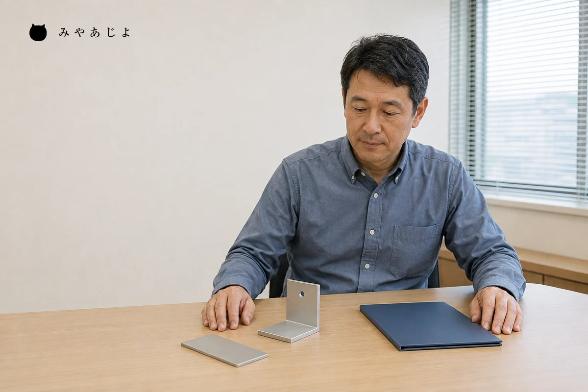 架空の製造会社の打合せ室で、担当者が無地の部品サンプルと閉じた資料を前に商談準備をする編集イメージ