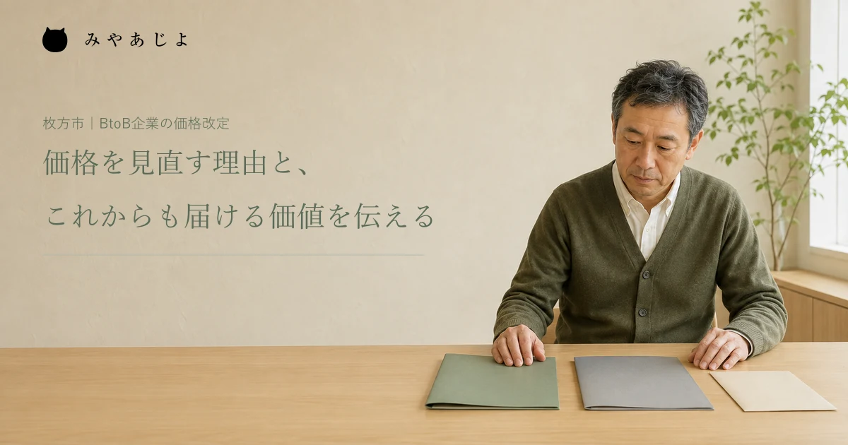 価格を見直す理由と、これからも届ける価値を伝える。架空の法人向けサービス会社で案内を準備する担当者の編集イメージ