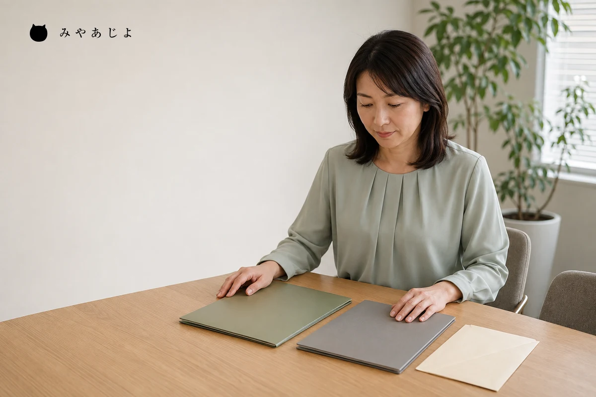 架空の法人向けサービス会社で、担当者が二冊の無地資料と封筒を並べて案内の確認を進める編集イメージ