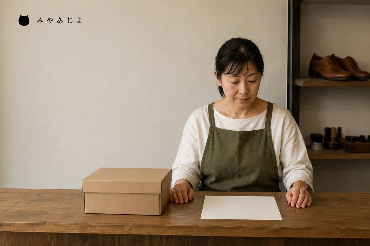 架空の靴修理店で担当者が受取用の無地箱と営業案内を確認する編集イメージ