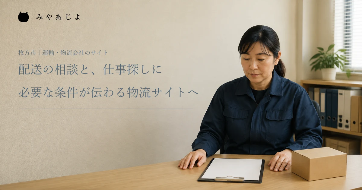 配送の相談と、仕事探しに必要な条件が伝わる物流サイトへ。架空の物流会社で案内資料を確認する編集イメージ