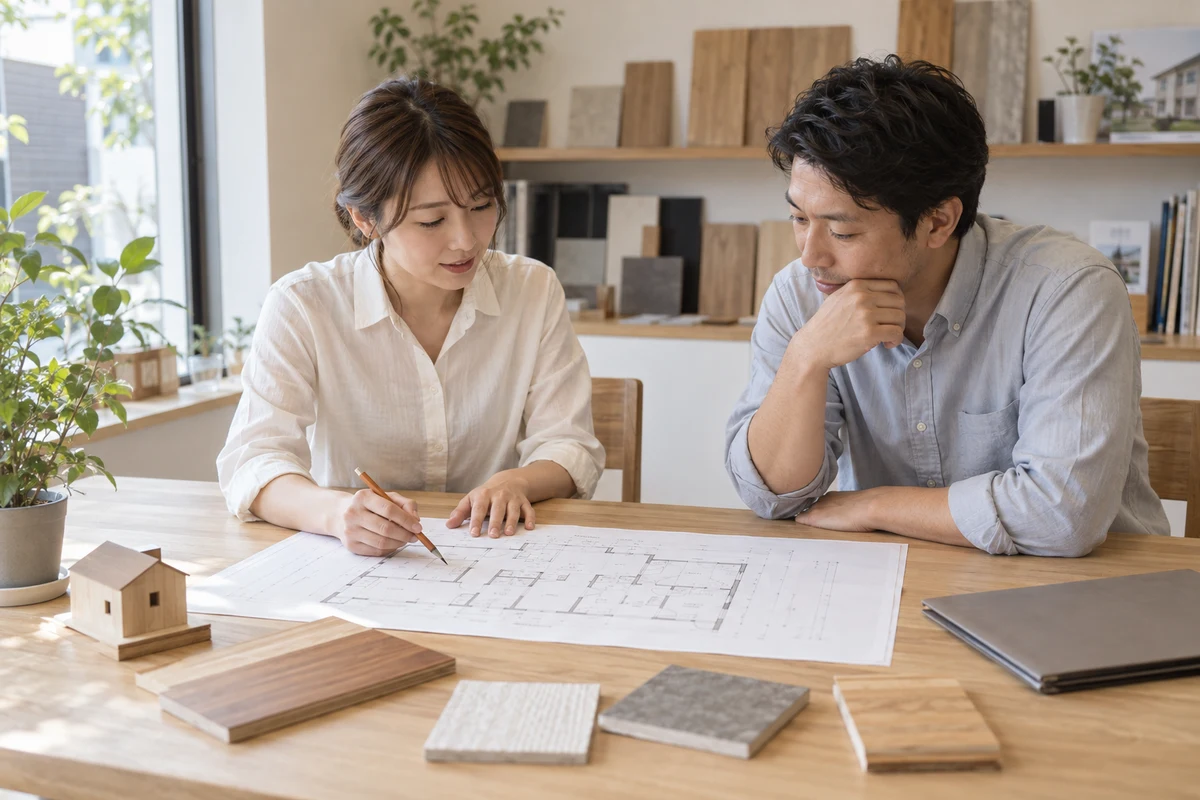 住宅の図面と内装の素材を確認する工務店の担当者のイメージ