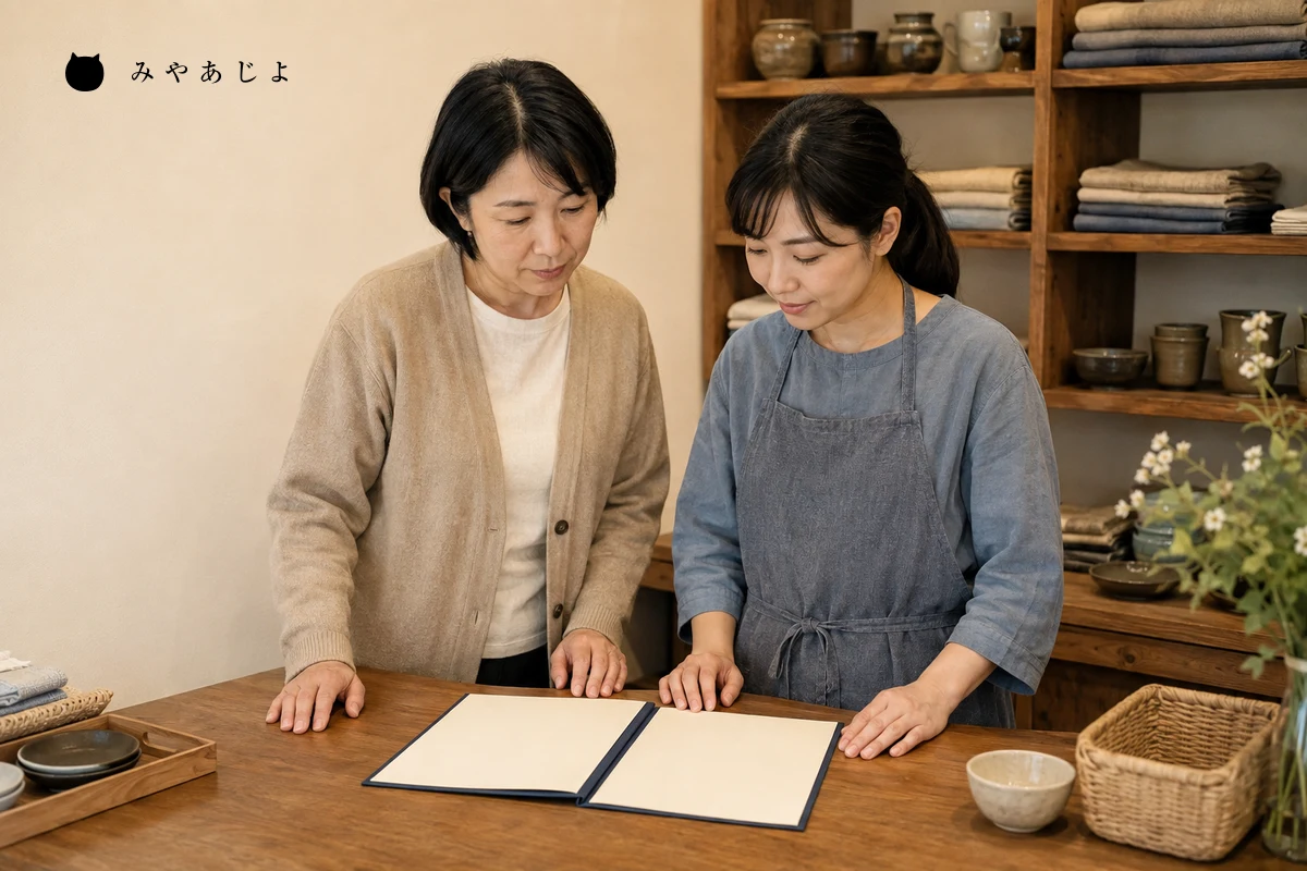 架空の雑貨店で担当者二人が白紙の確認資料を見ながら店舗案内の更新内容を整理する編集イメージ