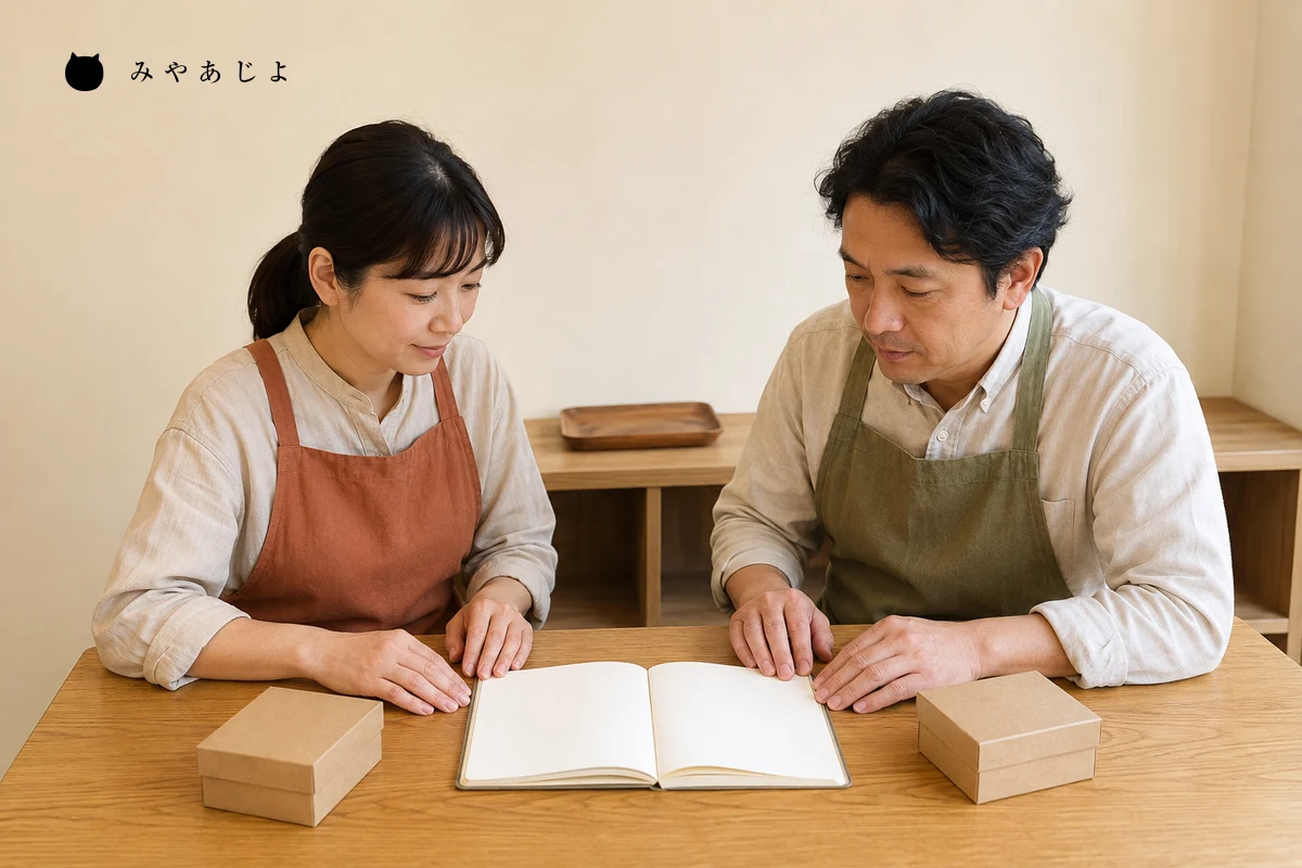焼菓子店で二人の担当者が無地の包装箱と白紙の確認資料を前にイベント後の通常販売案内を整理する編集イメージ
