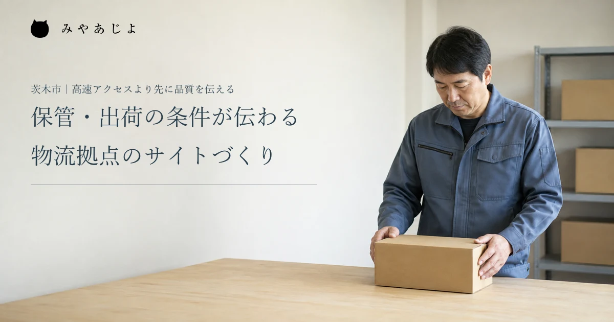 保管・出荷の条件が伝わる。物流拠点のサイトづくり。架空の物流担当者が箱の外装を確認する編集イメージ