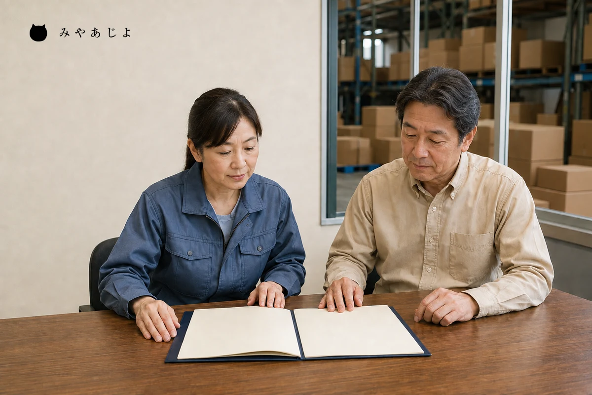 架空の物流拠点の事務スペースで担当者二人が荷主向けの作業範囲と確認資料を見直す編集イメージ