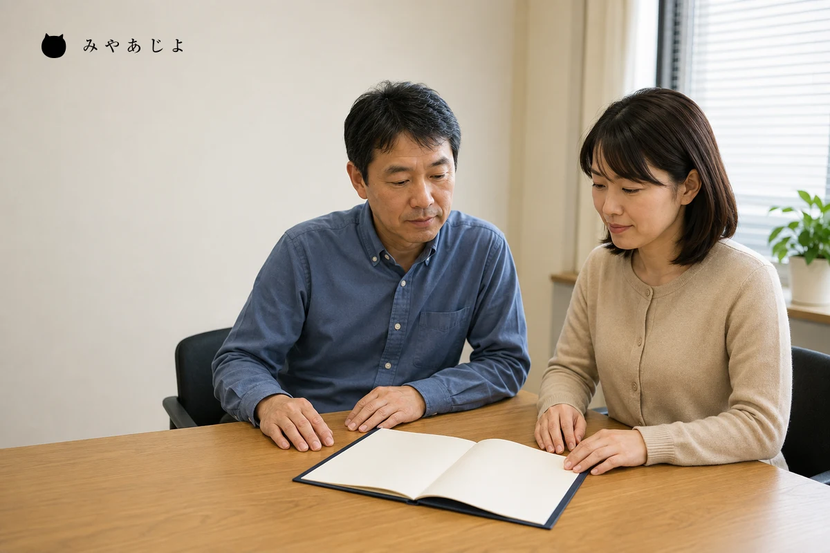 架空の研究開発企業で技術担当者と事業担当者が公開用の資料を確認する編集イメージ