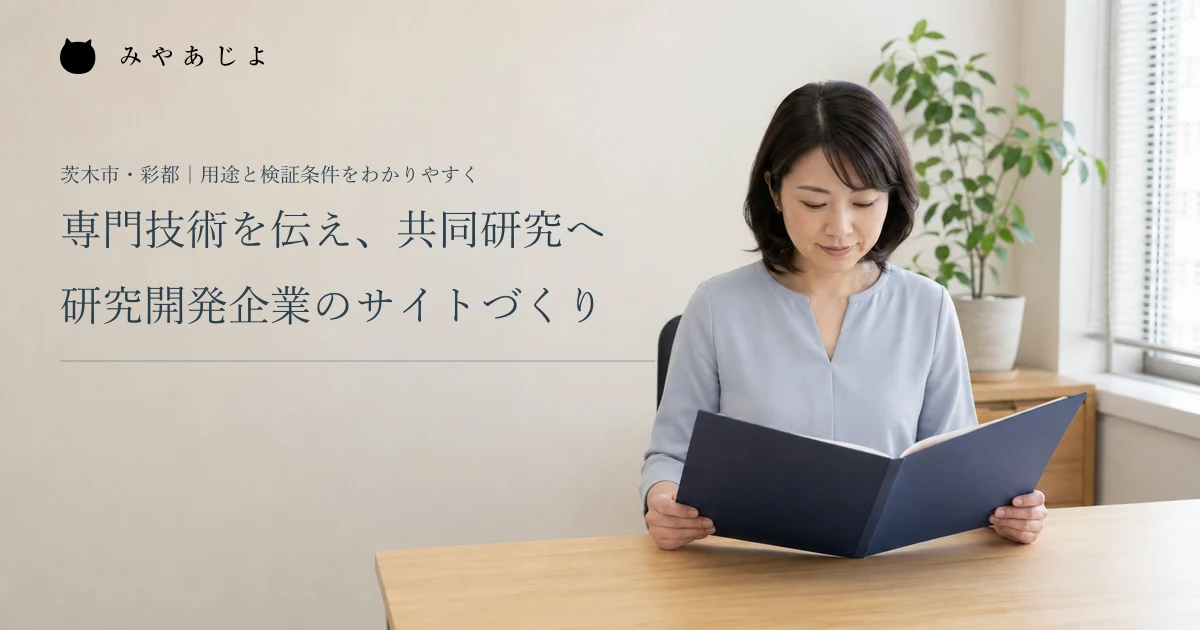 専門技術を伝え、共同研究へ。研究開発企業のサイトづくり。架空の研究開発企業で公開用資料を確認する編集イメージ