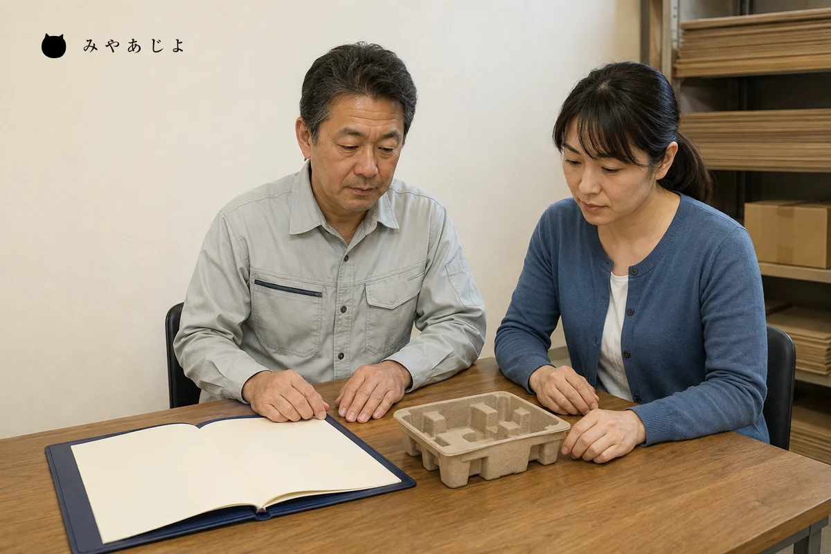 架空の開発担当者二人が紙製試作品と白紙の資料を使って掲載内容の対応を確認する編集イメージ