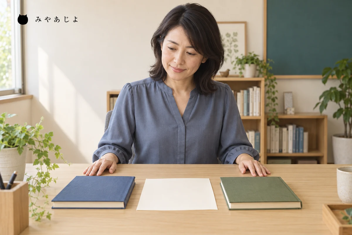 架空の学習教室の担当者が二冊の教材と無地の受講案内を机上で確認し、曜日別の説明を整える編集イメージ