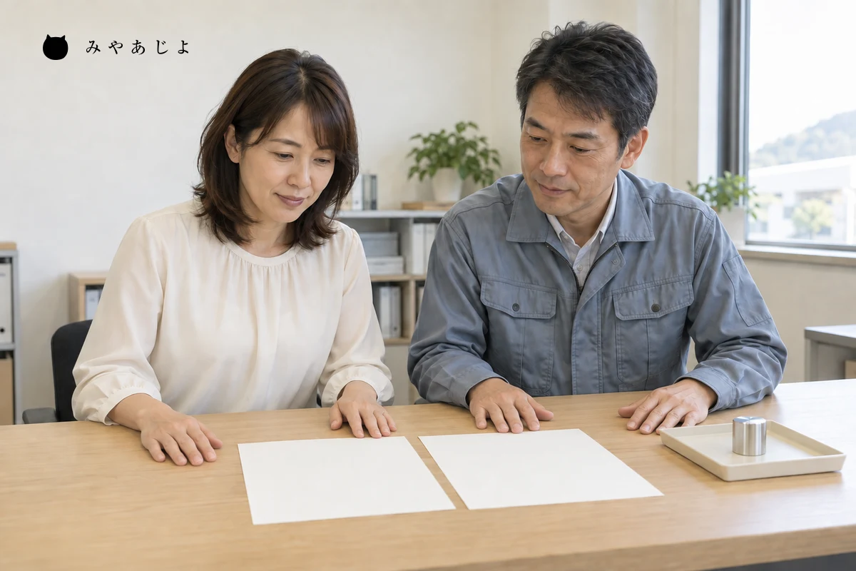 架空の製造業の営業担当と製造担当が、製品紹介と供給条件の資料を机上で確認する編集イメージ