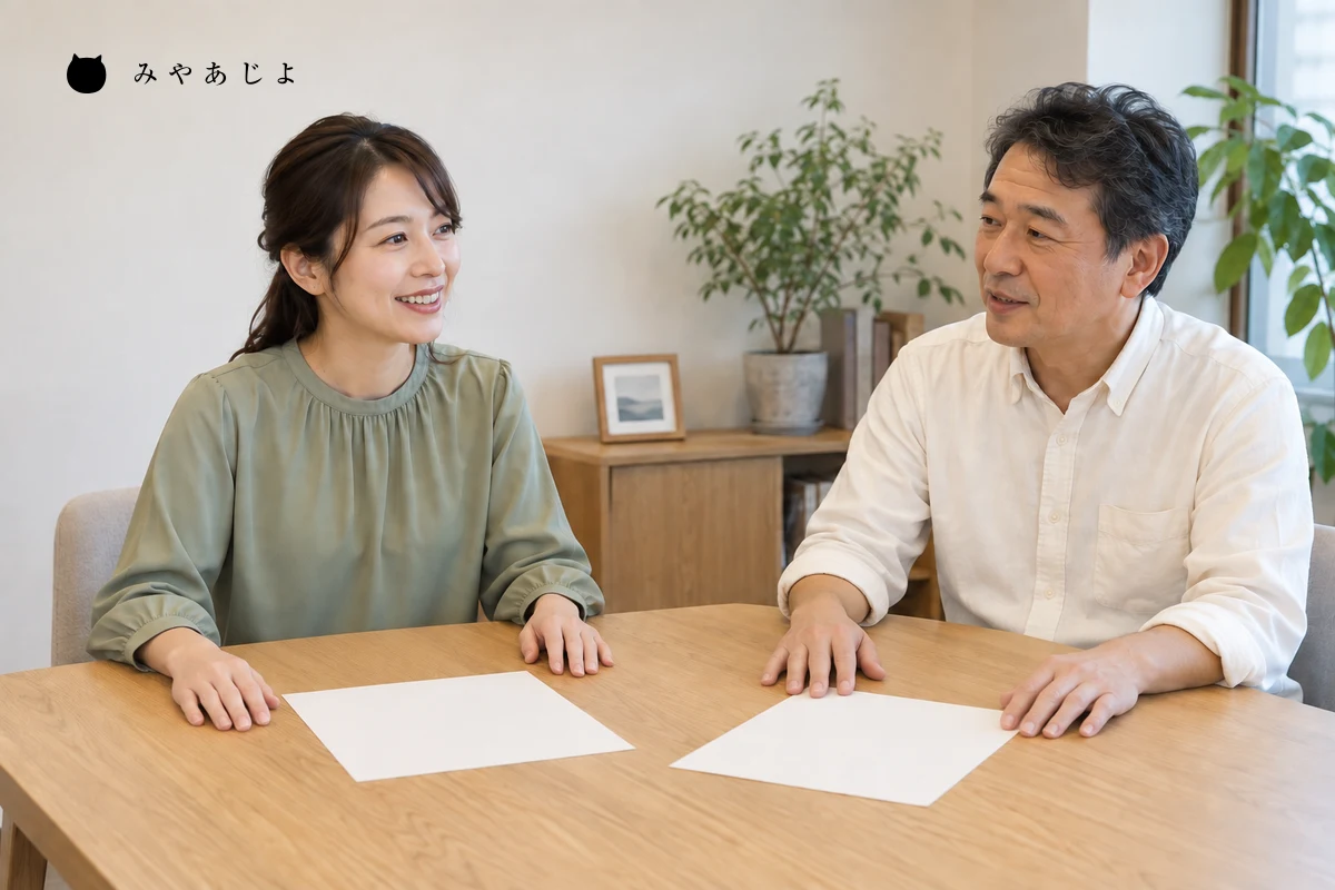 架空の創業者と相談相手が別々の白紙メモを机上に置き、困っている作業の場面を話す編集イメージ