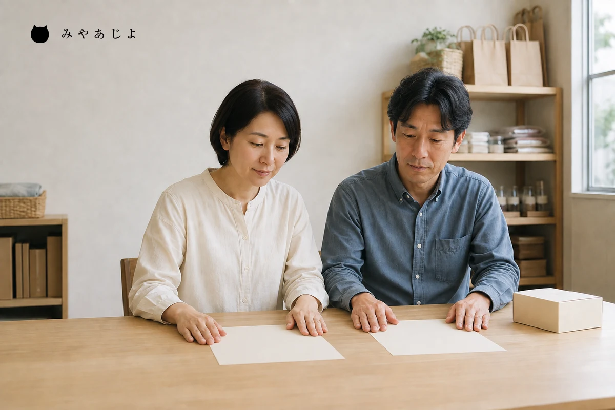 架空の店舗担当者が営業予定と受取案内を机上で照合する編集イメージ
