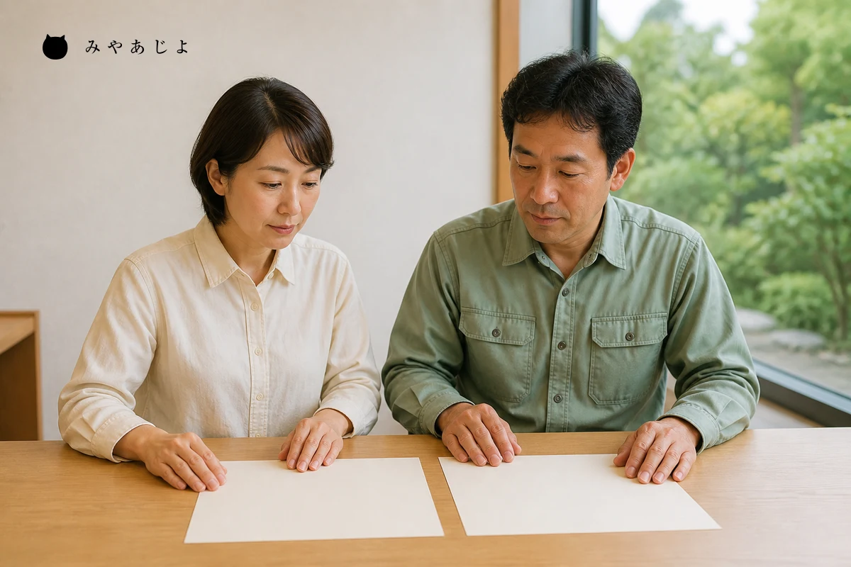 架空の植木事業者の担当者が庭の相談資料と植木の確認事項を机上で見比べる場面