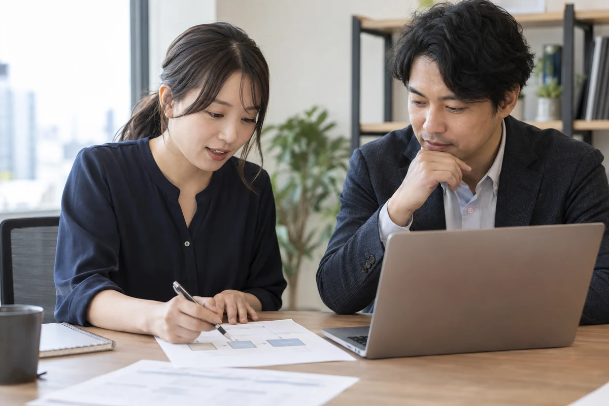 業務の流れと設計資料を一緒に確認する開発担当者のイメージ