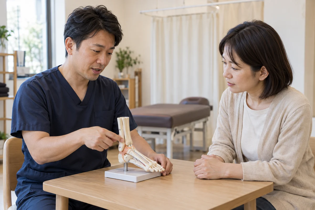 整骨院の説明スペースで、施術者が足関節の模型を使って来院者に説明する場面のイメージ