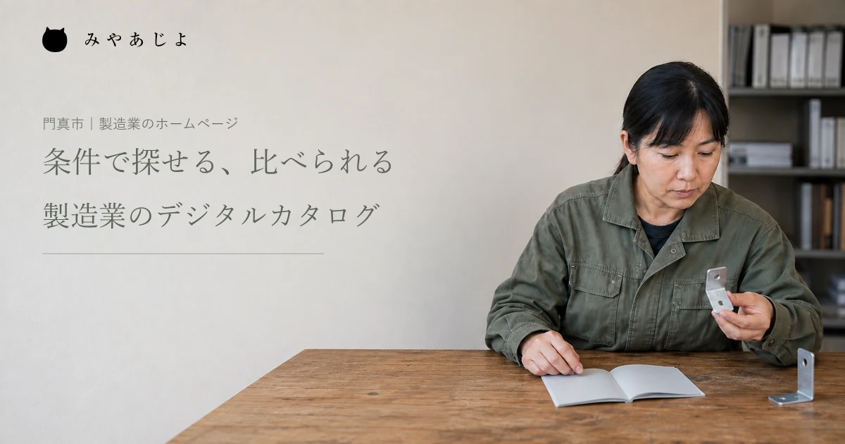 架空の製造会社で担当者が取付金具とカタログ用の資料を確認する編集イメージ