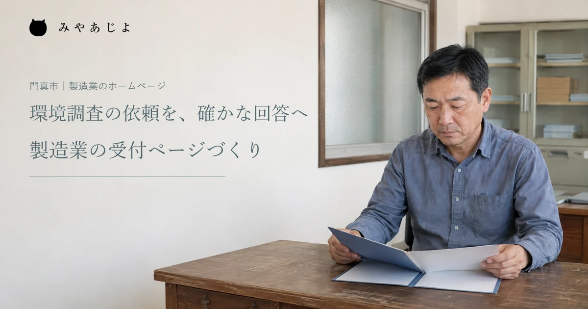 架空の製造会社の担当者が工場事務所で依頼資料を確認する編集イメージ