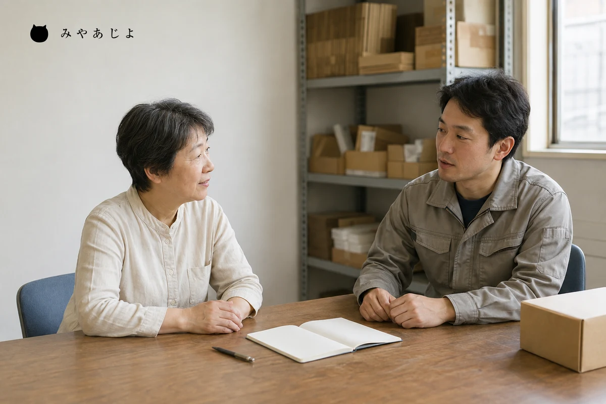 架空の工場の社員と担当者が静かな打合せ場所で仕事の担当範囲について話を聞き取る編集イメージ