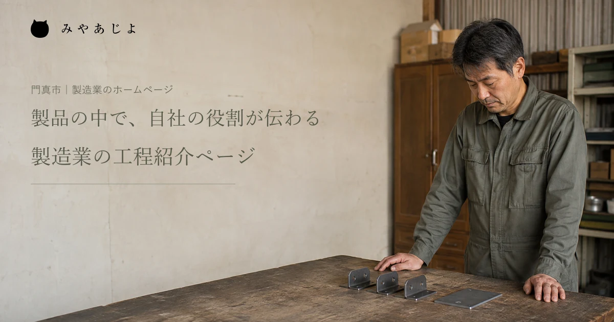 架空の金属加工会社の担当者が机上の金具と材料を見比べる編集イメージ