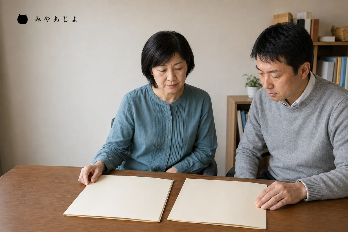 架空の福祉事業所で二人の担当者がサービス別の原稿を机上で確認する編集イメージ