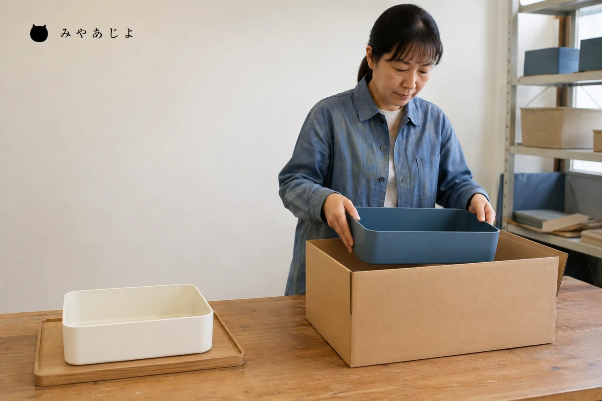 架空のメーカーで販売品の梱包と別仕様検討用の収納ボックスを分けて扱う担当者の編集イメージ