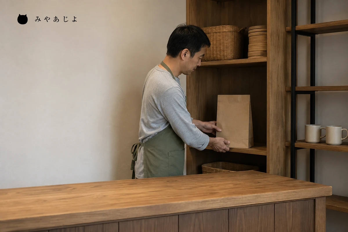 架空の雑貨店でスタッフが受取用の紙袋を通常販売の棚と分けて準備する編集イメージ