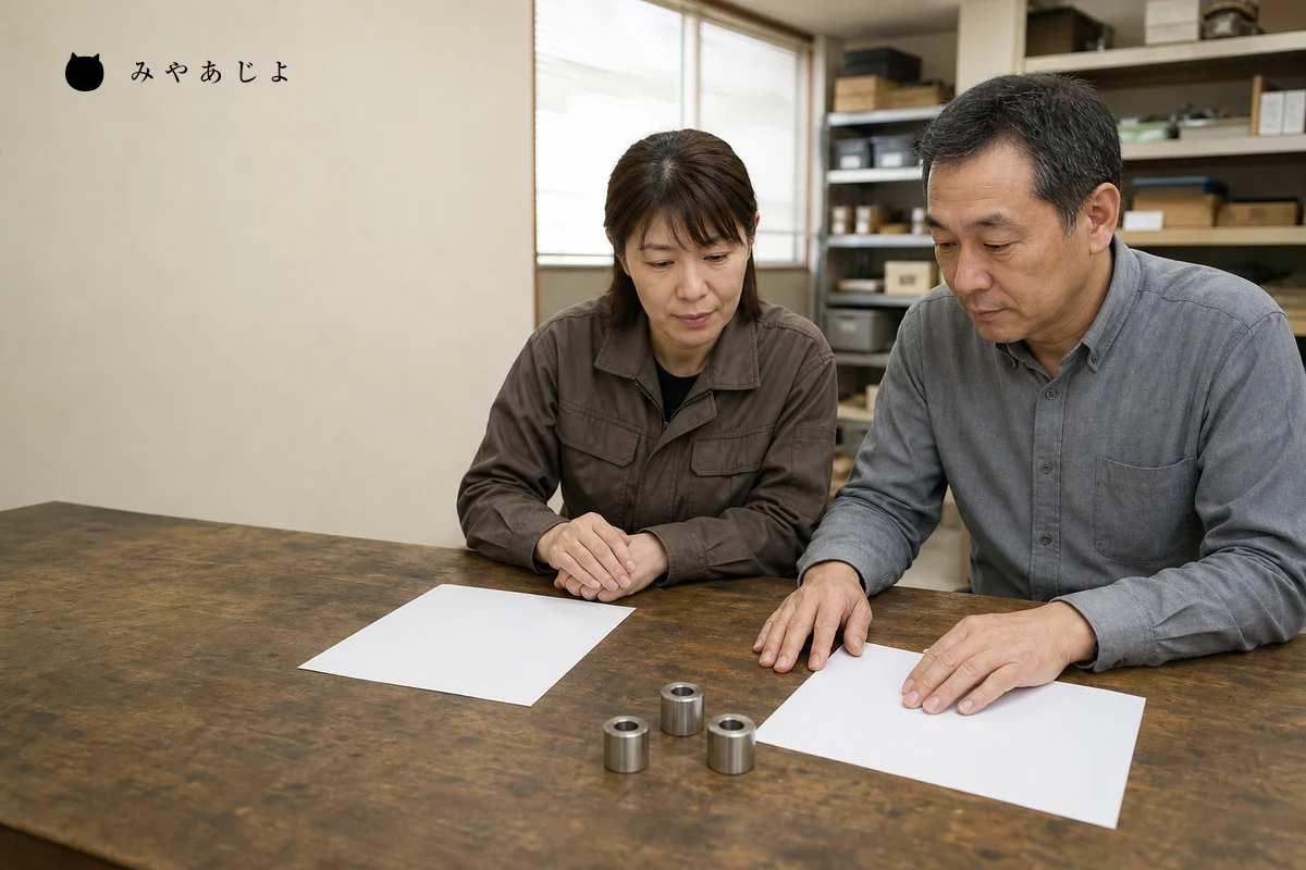 部品メーカーの担当者二人が金属スペーサーと無記入の資料を机上で確認する架空の編集イメージ