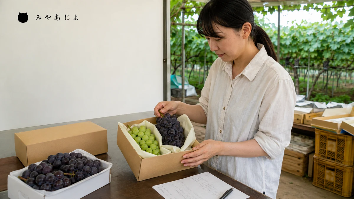 架空のぶどう農園で品種の異なる房と贈答箱の中身を確認する担当者の編集イメージ
