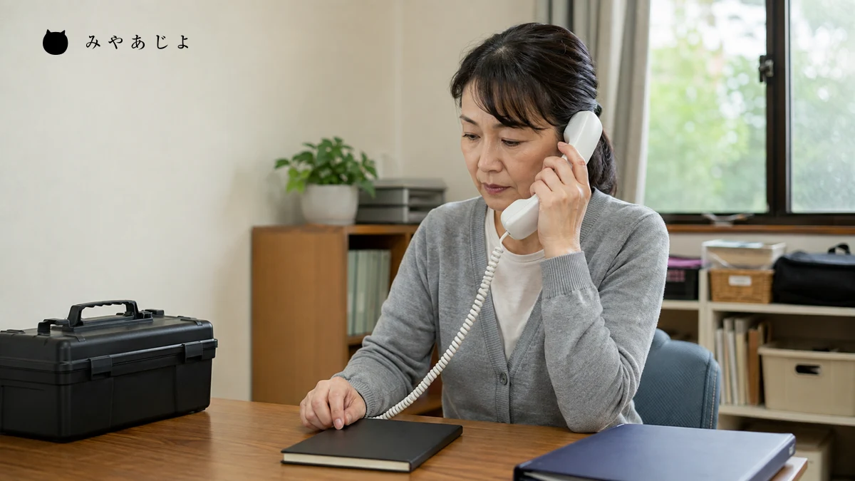 架空の訪問サービス事業者の担当者が電話で出張前の条件を確認する編集イメージ