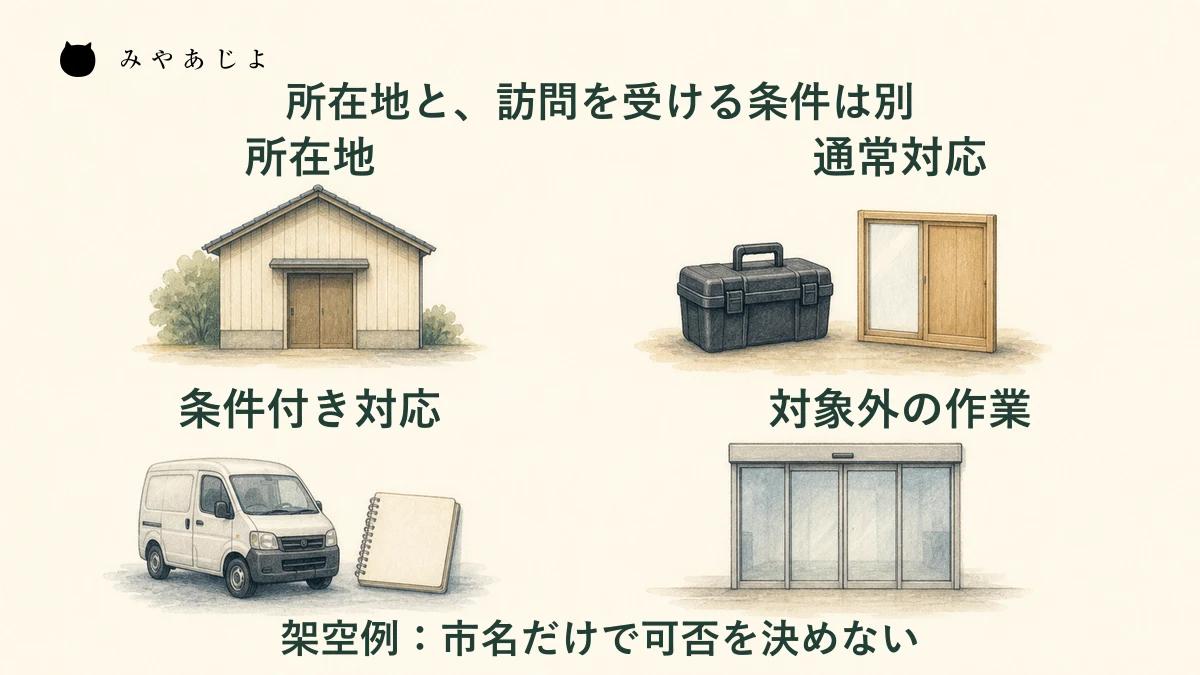所在地、通常対応、条件付き対応、対象外を分け、市名だけで訪問可否を決めないことを示す図