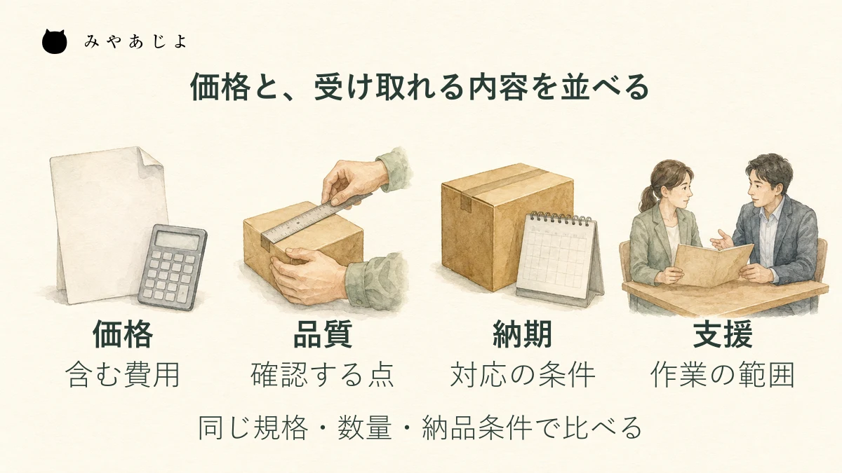 価格に加えて品質の確認、納期の条件、支援の範囲を同じ前提で比較する図