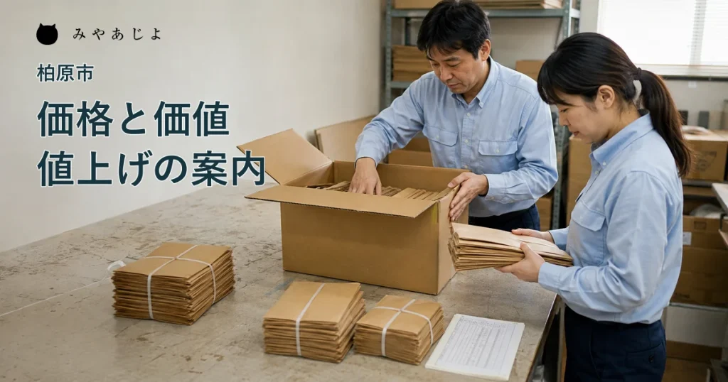 梱包資材会社で納品する箱と小分けの内容を確認する担当者の編集イメージ