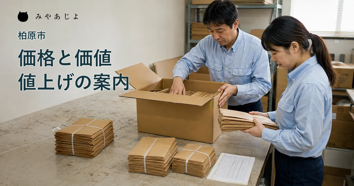 架空の梱包資材会社で納品する箱と小分けの内容を確認する担当者の編集イメージ