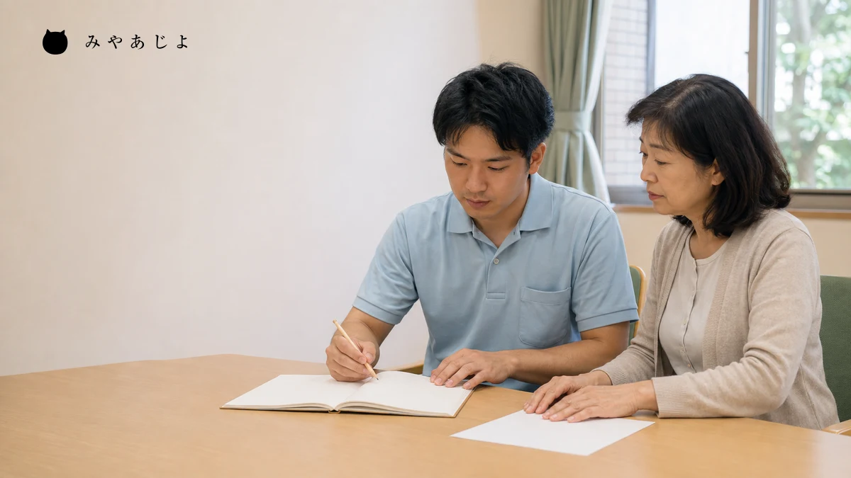 架空の職員が個人情報のない練習資料を先輩と確認し仕事の学び方を振り返る編集イメージ