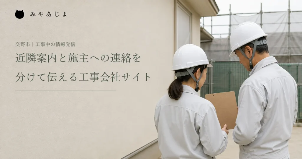 工事現場の安全な区画で二人の担当者が案内資料を確認する編集イメージ