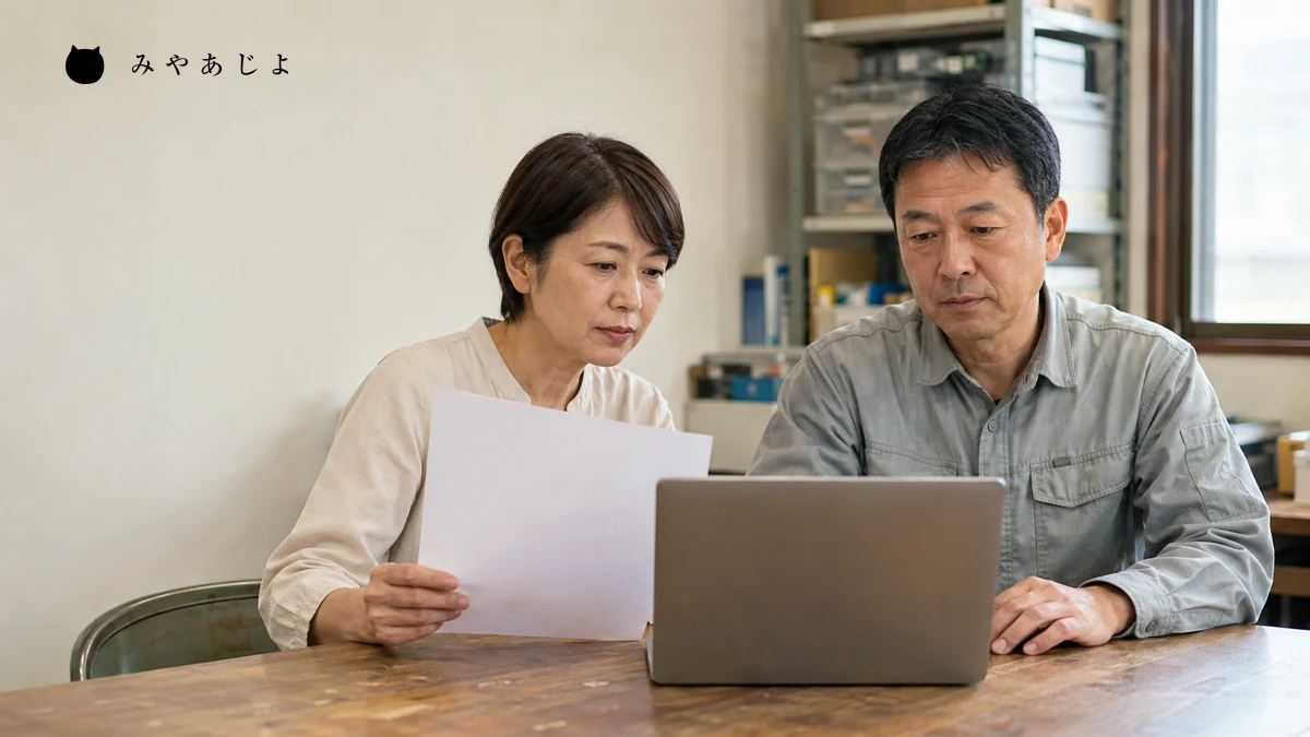 架空の工事会社の事務担当者と現場担当者がパソコンと資料で案内内容を照合する編集イメージ