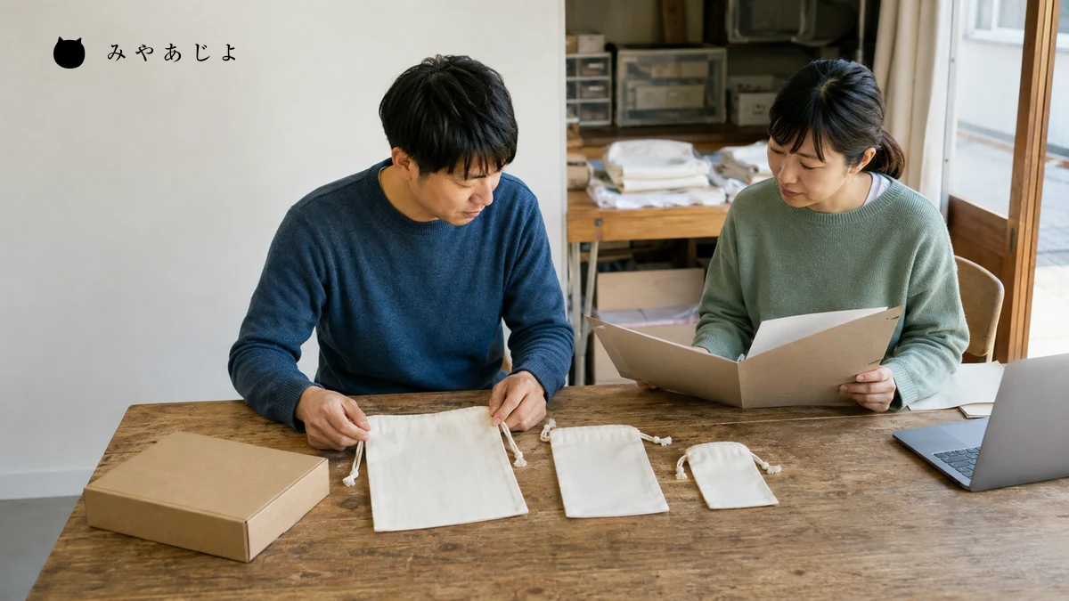 架空の布製品事業者が商品見本と紙の資料を照合して掲載情報の変更を確認する編集イメージ