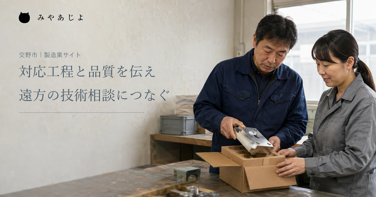 架空の製造業の作業場で二人の担当者が加工品と梱包材を確認する編集イメージ