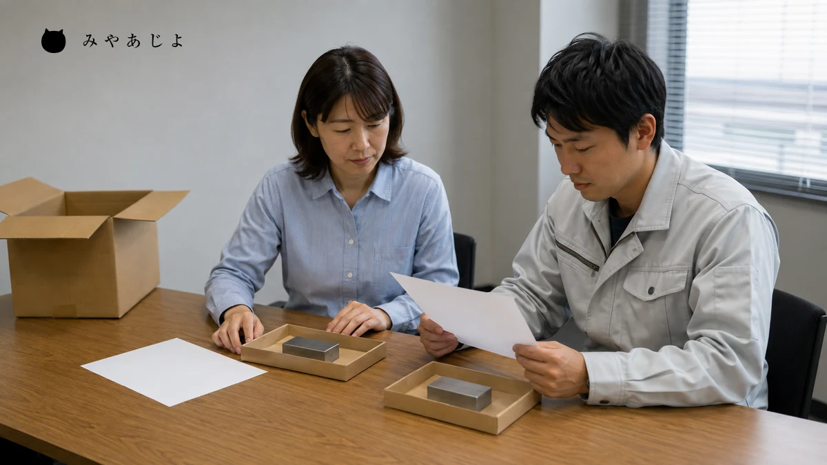 架空の取引先担当者が別々のトレーに置かれた試作品と資料を照合する編集イメージ