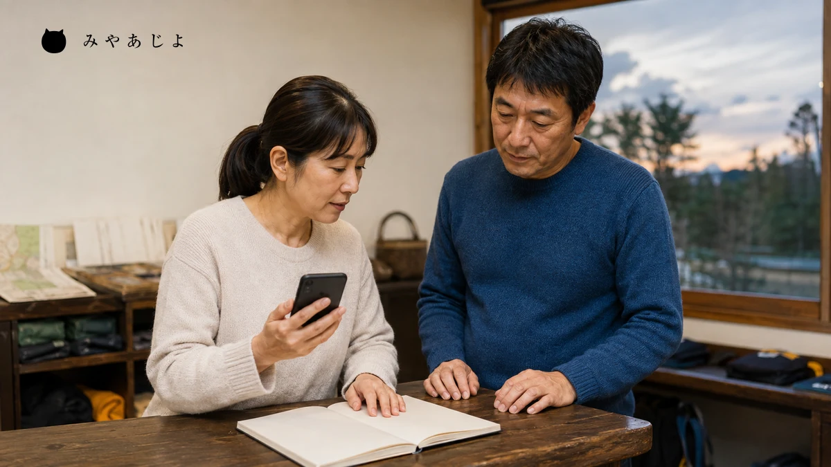 架空の体験運営担当者が夕方の受付で電話とノートを使い変更連絡を確認する編集イメージ